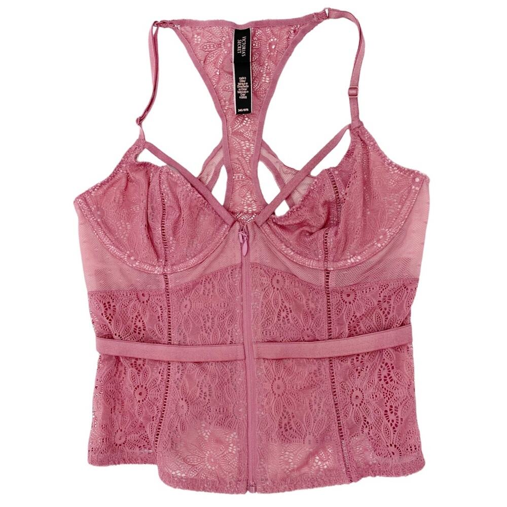 Victoria’s Secret Lingerie Pink Lace Lightly Lined Sheer Corset Top Size 34C - Picture 2 of 9